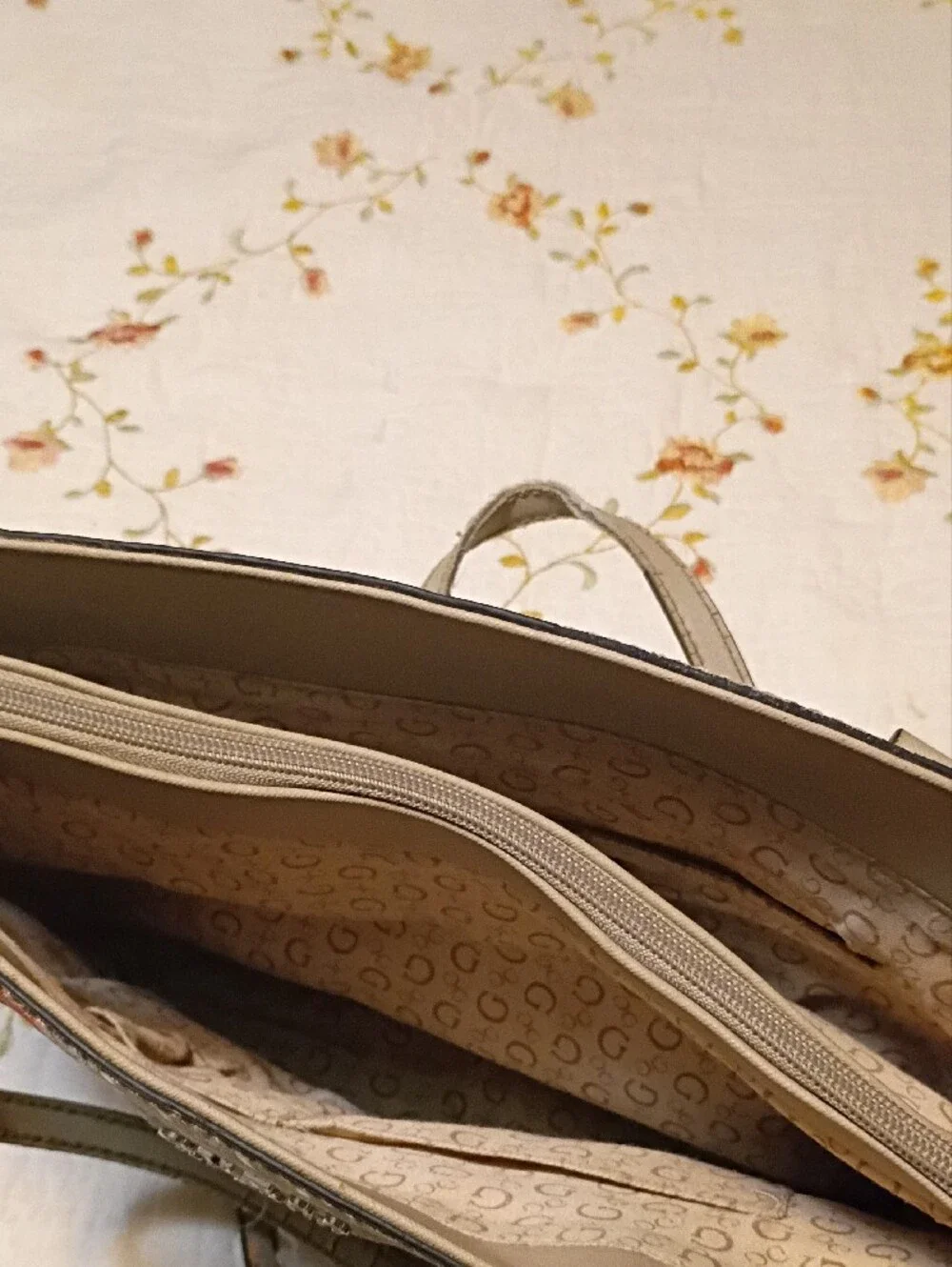 GUESS Floral Beige Tote with Matching Beige Pouch and Wallet Set